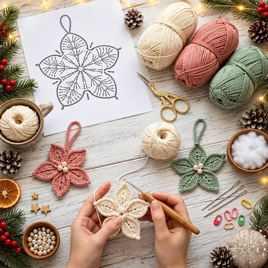 Vintage Pastel Five-Point Crochet Poinsettia Ornaments DIY article image 2