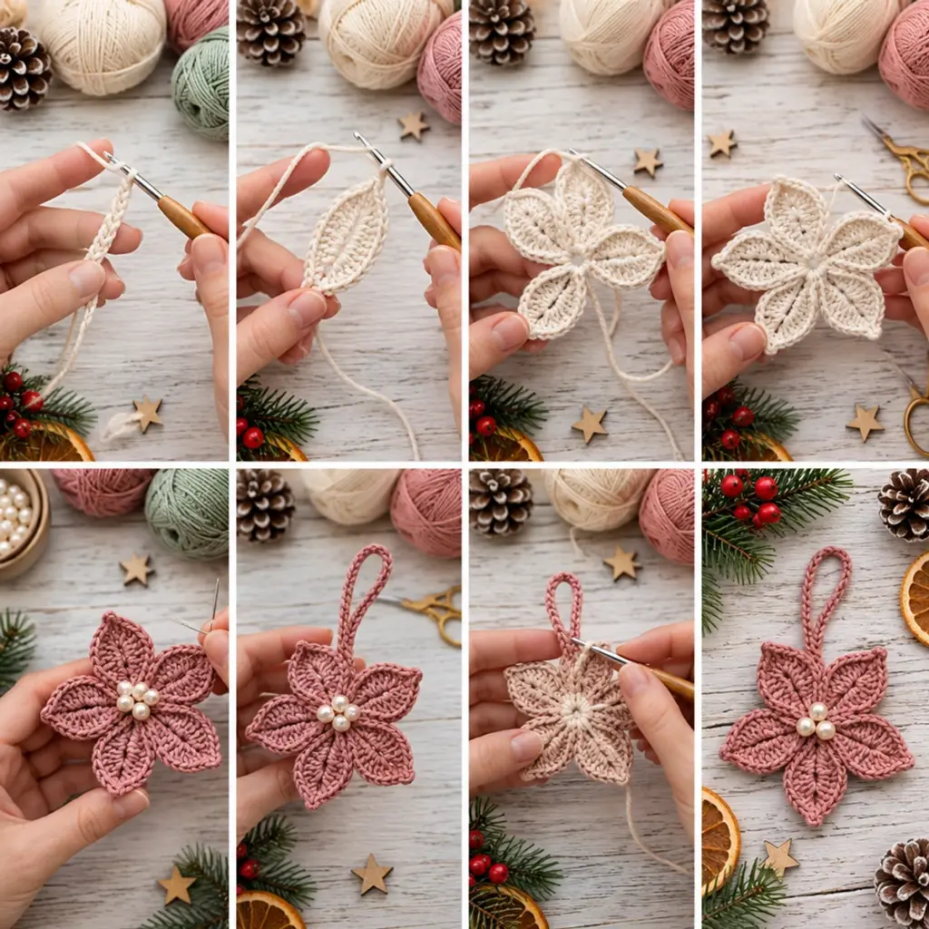 Vintage Pastel Five-Point Crochet Poinsettia Ornaments DIY article image 3