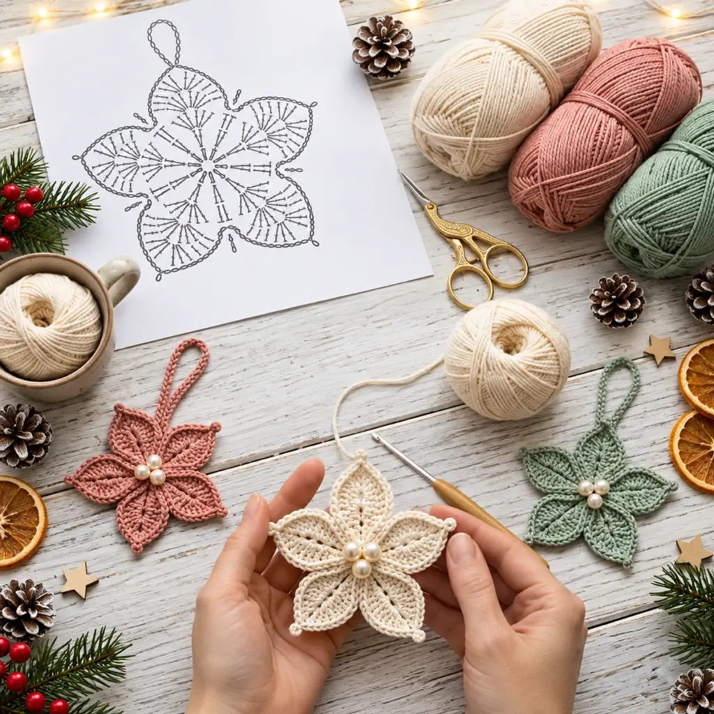 Vintage Pastel Five-Point Crochet Poinsettia Ornaments DIY article image 4