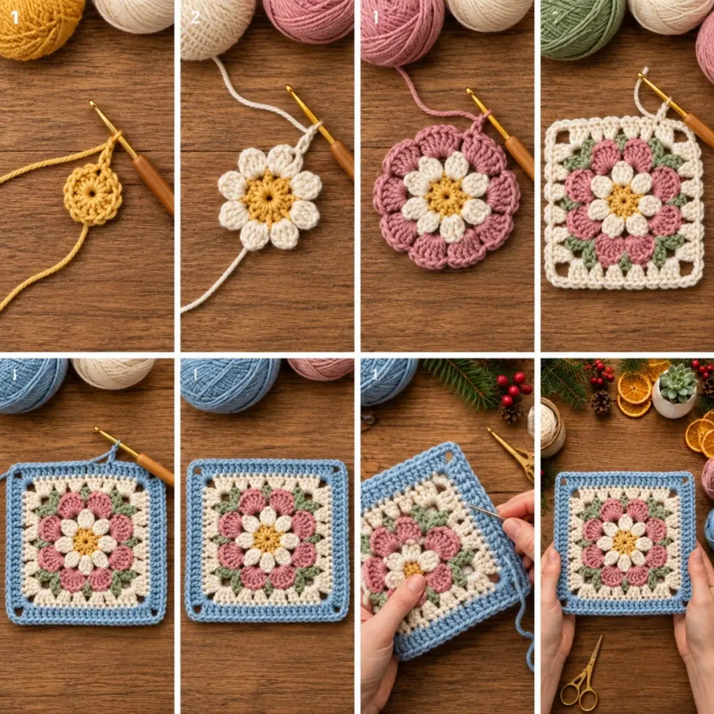 Cozy Vintage Pink Daisy Floral Granny Square Tutorial article image 3