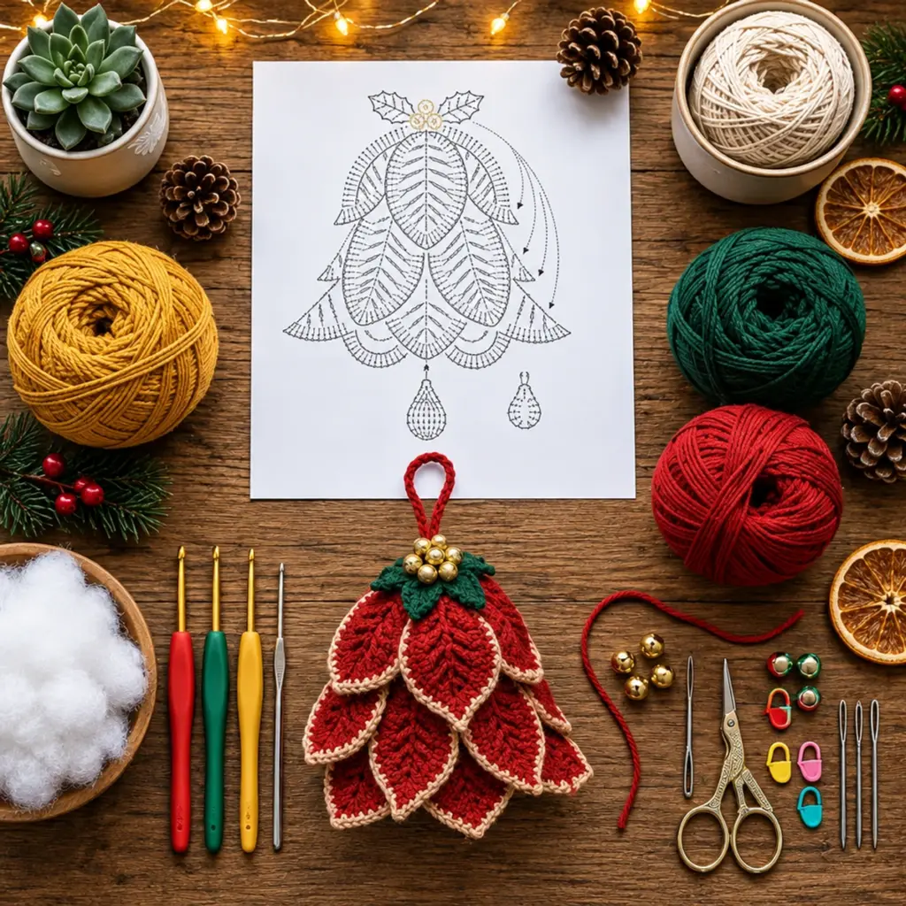 Vintage Red Poinsettia Crochet Christmas Bell Ornament Charm article image 2