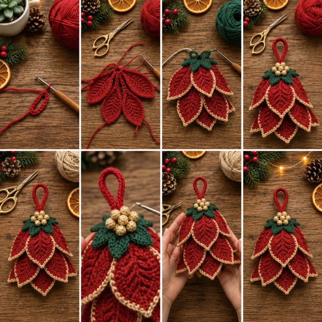 Vintage Red Poinsettia Crochet Christmas Bell Ornament Charm article image 3