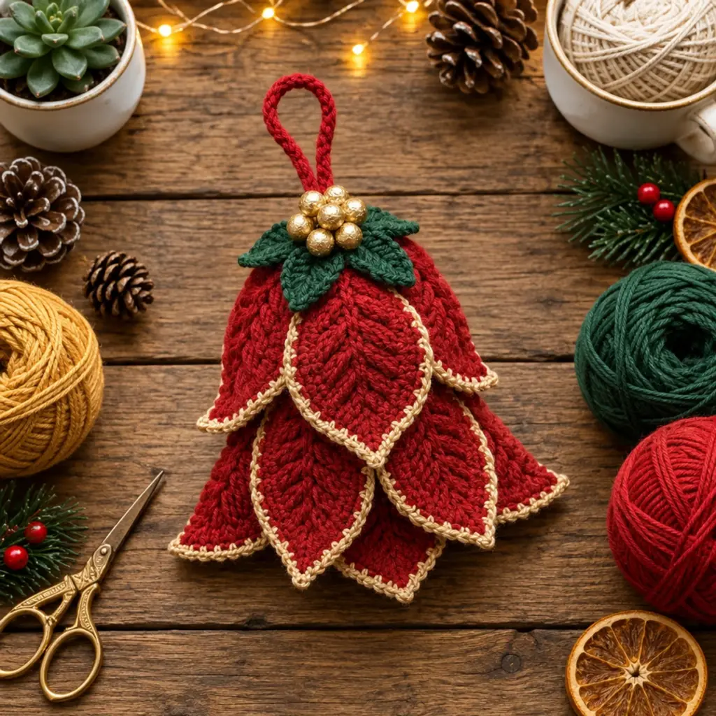 Vintage Red Poinsettia Crochet Christmas Bell Ornament Charm article image 4
