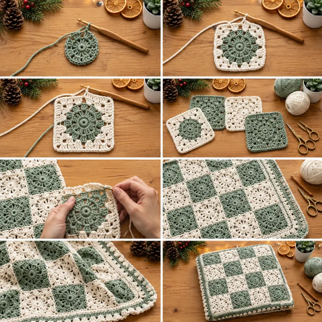 Cozy Vintage Sage Green and Ivory Daisy Granny Square Curtains article image 3